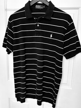 Polo by Ralph Lauren Polo Shirt Men’s Black with White Stripes Cotton Large